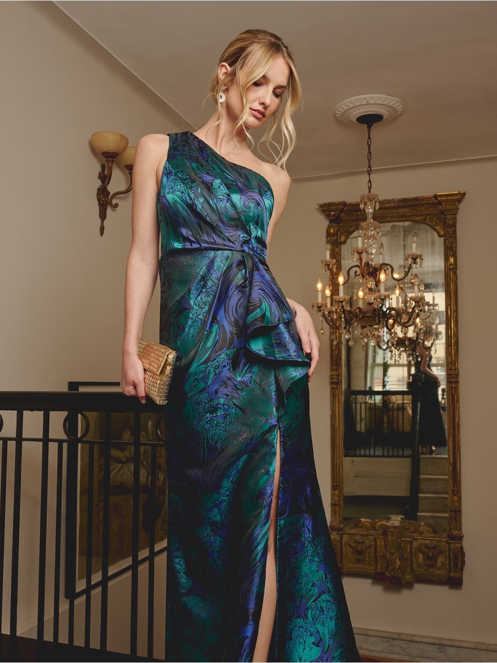 Adrianna Papell One-Shoulder Emerald & Navy Jacquard Gown
